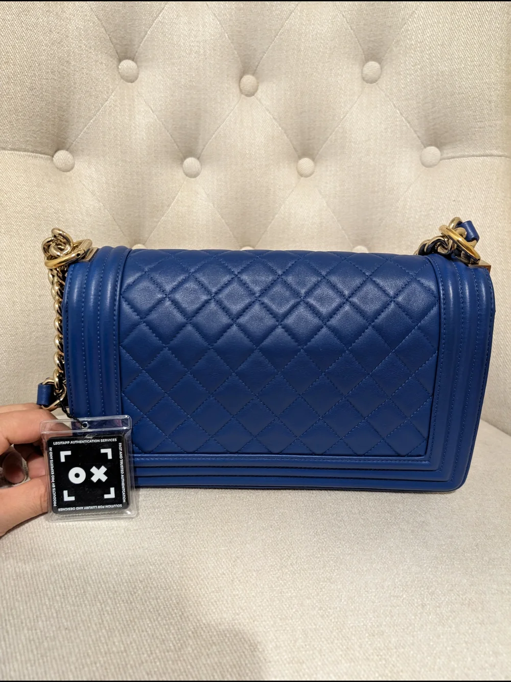CHANEL Blue Quilted boy Shoulder Bag Gold Hardware Chain Strap CC